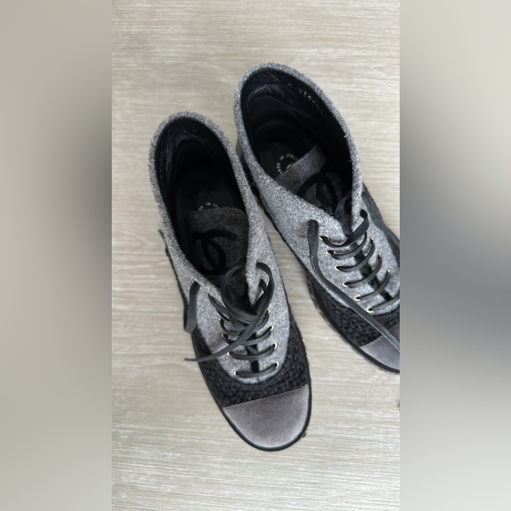 Chanel Gray Tweed Booties